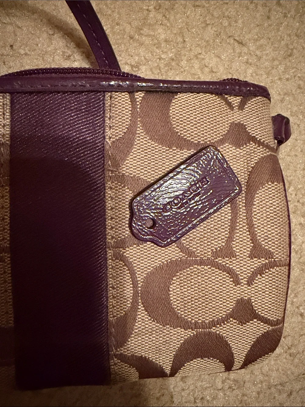 Coach Brown Signature Canvas Wristlet with Plum Trim